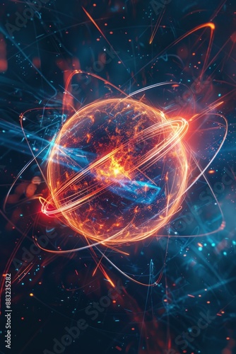 A vibrant, abstract image with a glowing sphere surrounded by streaks of light, set against a dark blue background