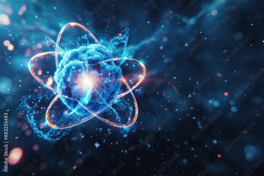 A blue and orange 3D rendering of an atom with electrons orbiting the nucleus A blue and orange 3D rendering of an atom with electrons orbiting the nucleus
