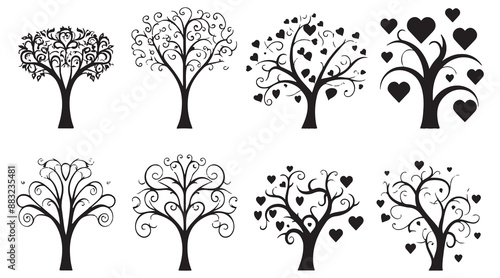 collection black love tree with heart leaves. hand draw Valentine tree silhouette clip art isolated on white background