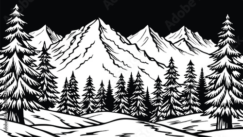 Black and white landscape, spruce forest against the background of snow-capped mountains.AI GENERATED