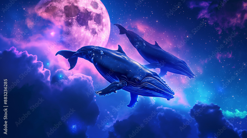 The humpback whal fying over galaxy background, Illustration The humpback whal fying over galaxy background, Illustration