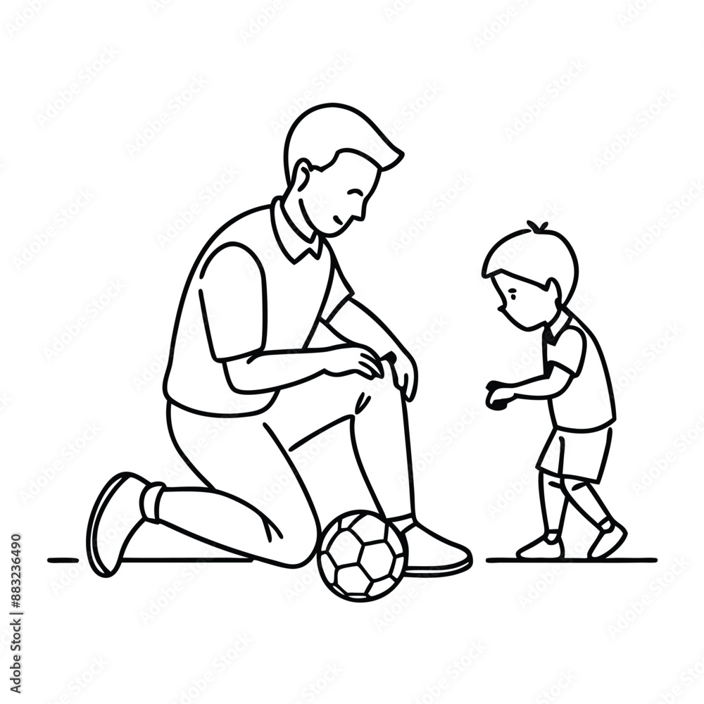 dad and young son playing with a soccer ball. line art animation, isolated on a white background dad and young son playing with a soccer ball. line art animation, isolated on a white background