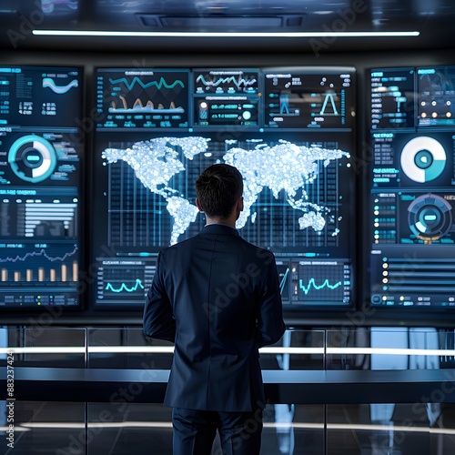 Executive Overseeing Digital Command Center with Advanced Tech Visualization © Thares2020