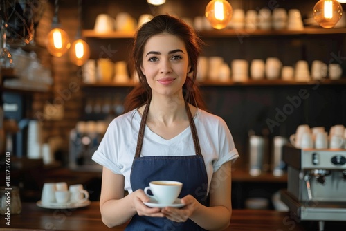 Young cheerful brunette waitress in white t-shirt and dark blue apron passing cup of fresh cappuccino while standing in front of camera