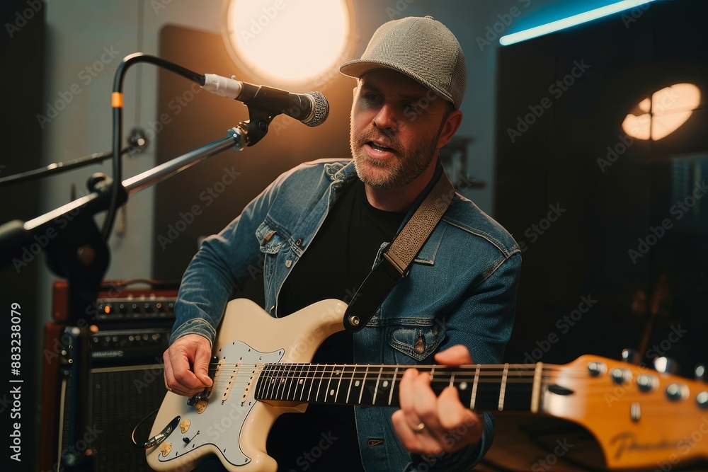 Fototapeta premium A musician is playing guitar and singing in a professional recording studio. He's wearing a cool hat while he's playing his electric guitar