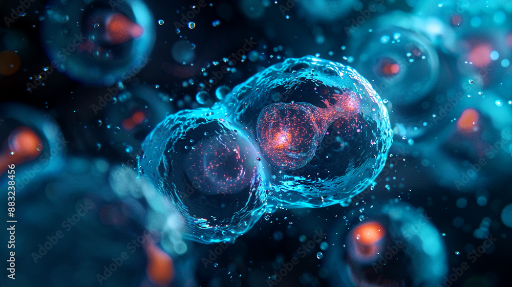 Microscopic view of cells dividing in a liquid environment Microscopic view of cells dividing in a liquid environment