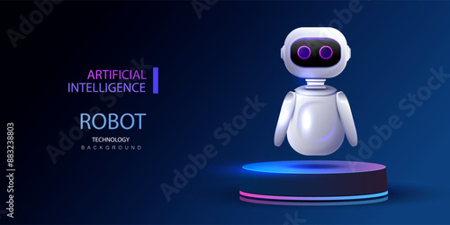 Artificial intelligence futuristic 3d cartoon robot on neon podium. Chat bot app technology and science design. Chatbot human. Ai android. New generation assistant vector.