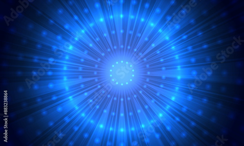 Blue sunburst pattern background. Radial rays bright shine. dots neon light.