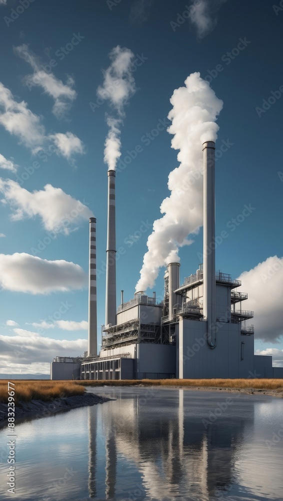 Rendering of a geothermal power plant with floating turbines and cloudy sky Rendering of a geothermal power plant with floating turbines and cloudy sky