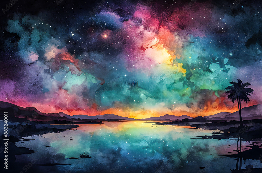 An oasis under a cosmic sky with vibrant watercolor splashes vector painting art illustration images.
An oasis under a cosmic sky with vibrant watercolor splashes vector painting art illustration images.
