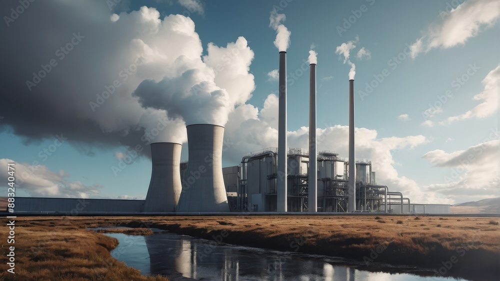 Rendering of a geothermal power plant with floating turbines and cloudy sky Rendering of a geothermal power plant with floating turbines and cloudy sky