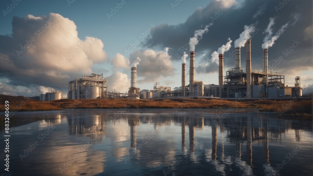 Rendering of a geothermal power plant with floating turbines and cloudy sky