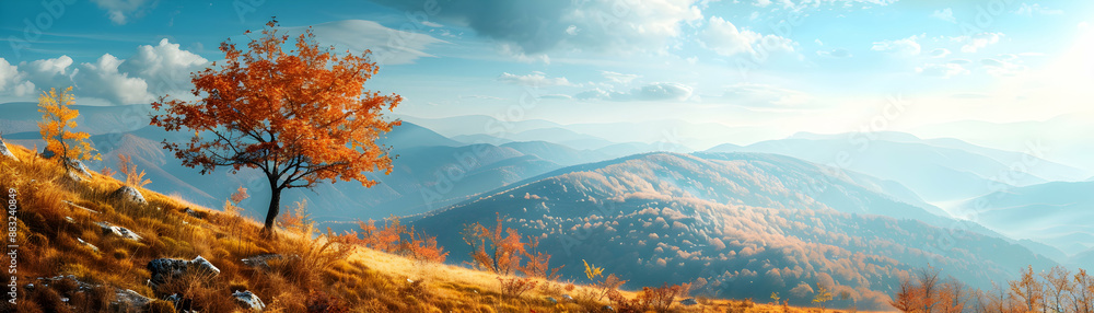 Fototapeta premium Half Tone Spring and Autumn Mountainside Landscape: Photo Realistic Concept Symbolizing Rebirth and Maturity for Graphic Design Projects