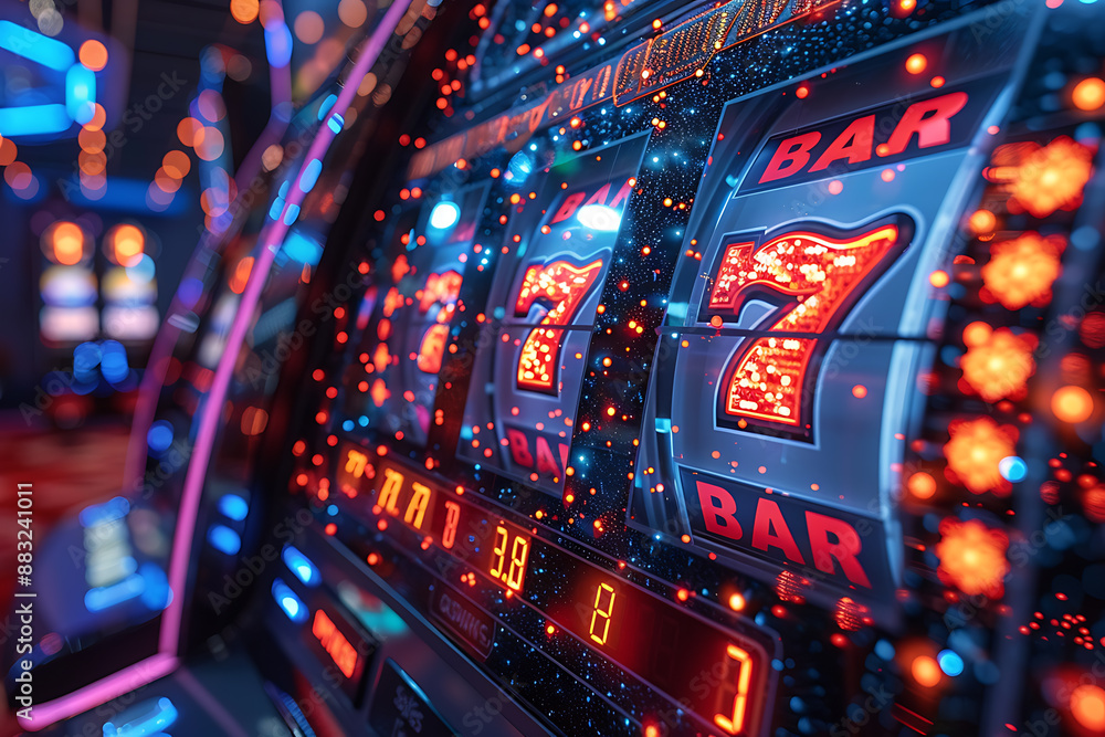 Obraz premium slot machine hitting the jackpot with 777 displayed on the reels, created in a wireframe style