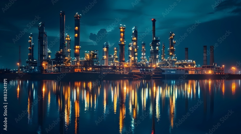Naklejka premium Illuminated Oil Refinery Reflecting on Calm Water at Night Industrial Landscape and Powerful Energy Concept