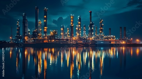 Illuminated Oil Refinery Reflecting on Calm Water at Night Industrial Landscape and Powerful Energy Concept