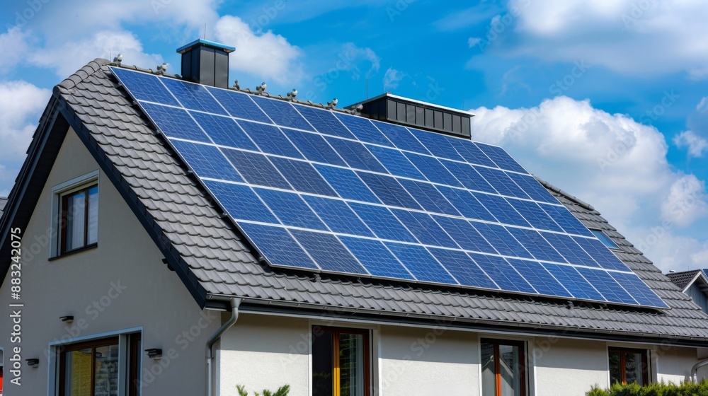 Fototapeta premium Solar panels installed on roof of home. Alternative electricity source Sustainable resources concept