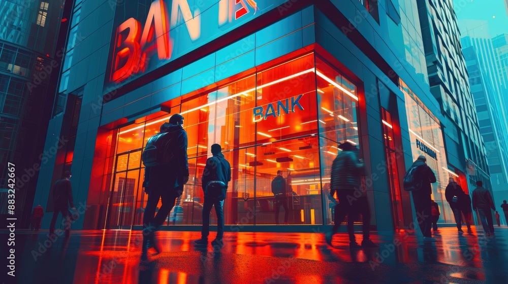 Financial District Scene with Bank and Pedestrians Financial District Scene with Bank and Pedestrians