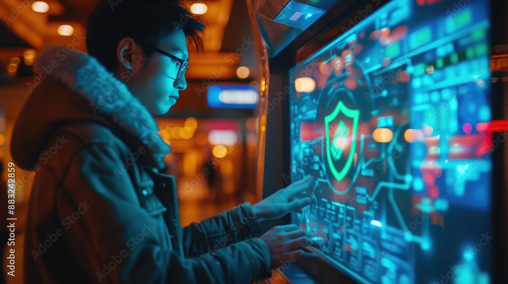 Obraz premium Asian Man Banking: ATM Hologram Security Check
