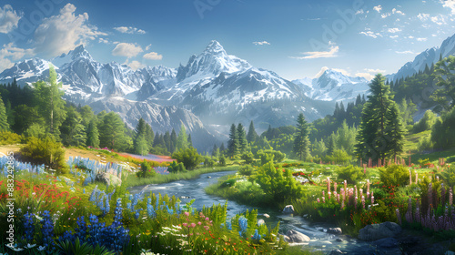 Stunning mountain landscape with a winding river, lush forest valley, snow-capped peaks, and colorful wildflowers