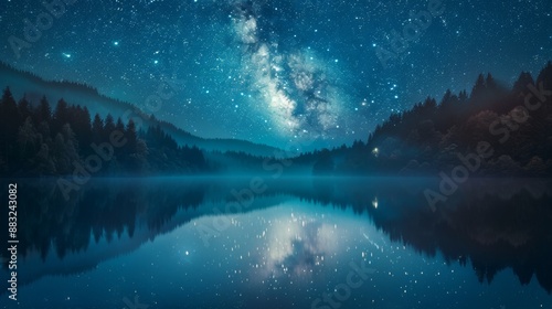 wallpaper of a starry night sky over a calm lake, with the Milky Way galaxy 