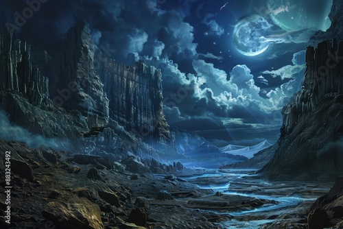 Mystical moonlit landscape with towering cliffs and a tranquil river