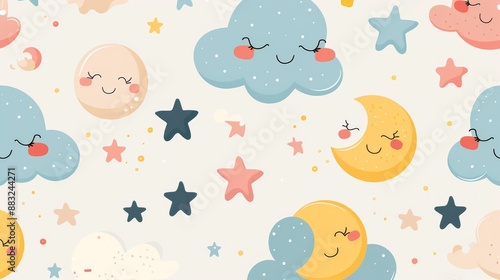 wallpaper with simple cartoon-style clouds, stars, and moons