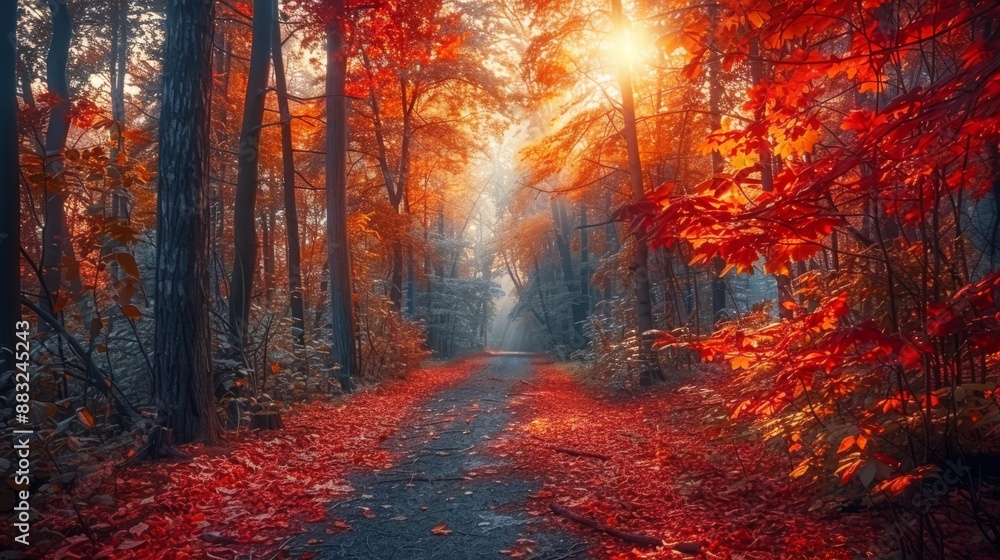 wallpaper of a dense forest in autumn, with the trees displaying vibrant red, orange, and yellow leaves. wallpaper of a dense forest in autumn, with the trees displaying vibrant red, orange, and yellow leaves.