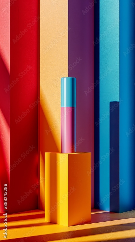 A pink and blue tube of lipstick is sitting on a yellow pedestal A pink and blue tube of lipstick is sitting on a yellow pedestal