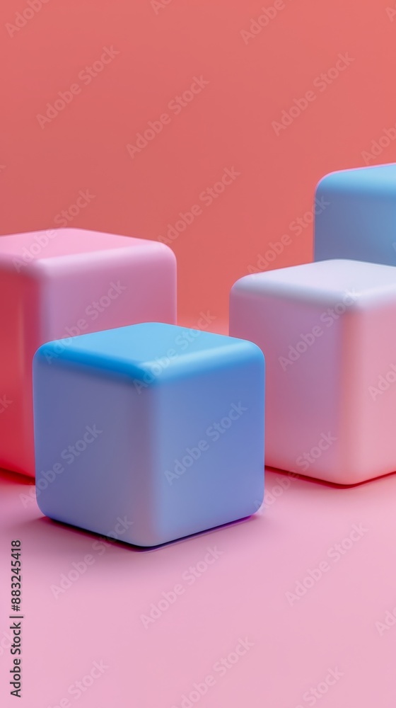 A row of four cubes in different colors, with pink on the left A row of four cubes in different colors, with pink on the left