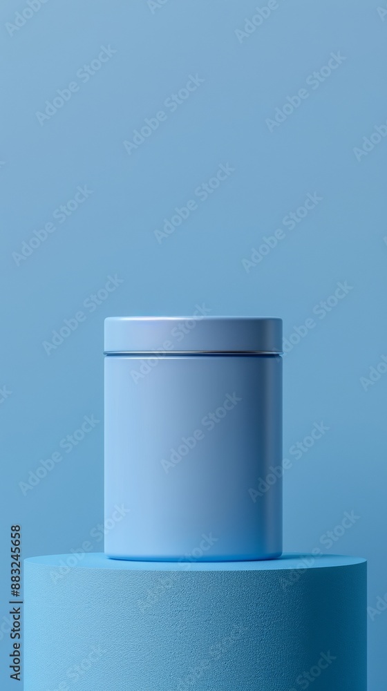 A blue container sits on a blue pedestal A blue container sits on a blue pedestal