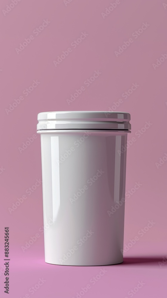 A white container with a lid sits on a pink background A white container with a lid sits on a pink background