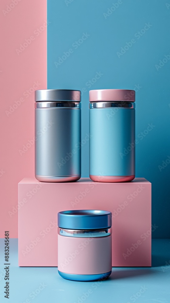 Three clear containers with different colors are displayed on a pink Three clear containers with different colors are displayed on a pink