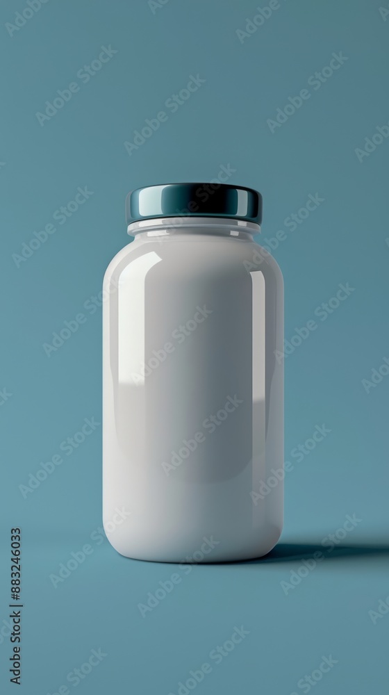 A clear bottle with a blue cap sits on a blue background A clear bottle with a blue cap sits on a blue background