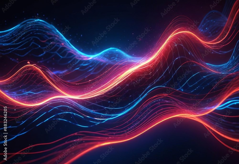 Fototapeta premium Abstract futuristic background with red blue glowing neon moving high speed wave lines and bokeh lights. Data transfer concept Fantastic wallpaper. Generative AI 