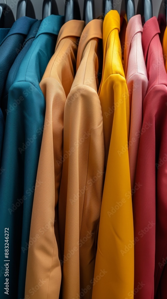 A row of colorful shirts hanging on a clothesline A row of colorful shirts hanging on a clothesline