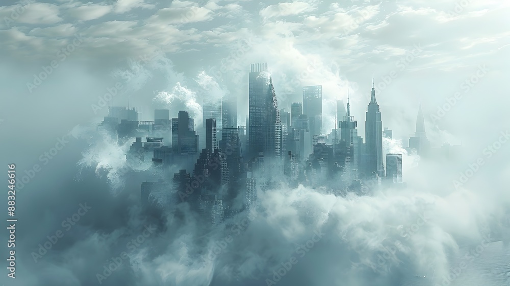 Futuristic Cityscape Emerging from Mysterious White Smoke Blending Modernity with Visionary Concept Futuristic Cityscape Emerging from Mysterious White Smoke Blending Modernity with Visionary Concept