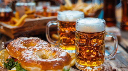 A table with a variety of food and drinks, including two full mugs of beer