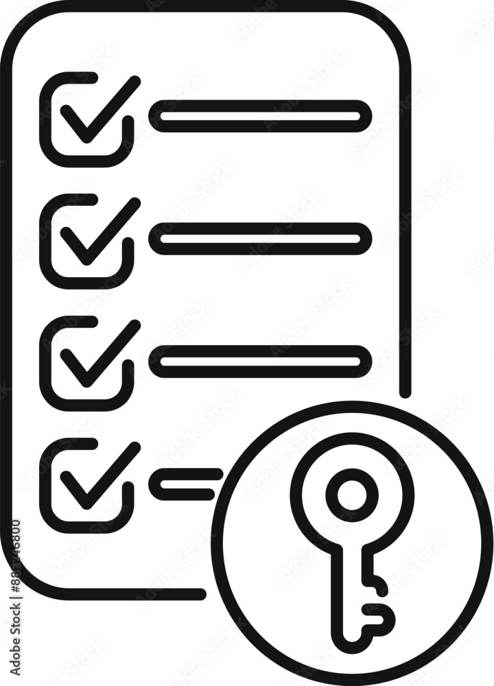 Line art illustration of a key performance indicator checklist with a key, symbolizing business success Line art illustration of a key performance indicator checklist with a key, symbolizing business success