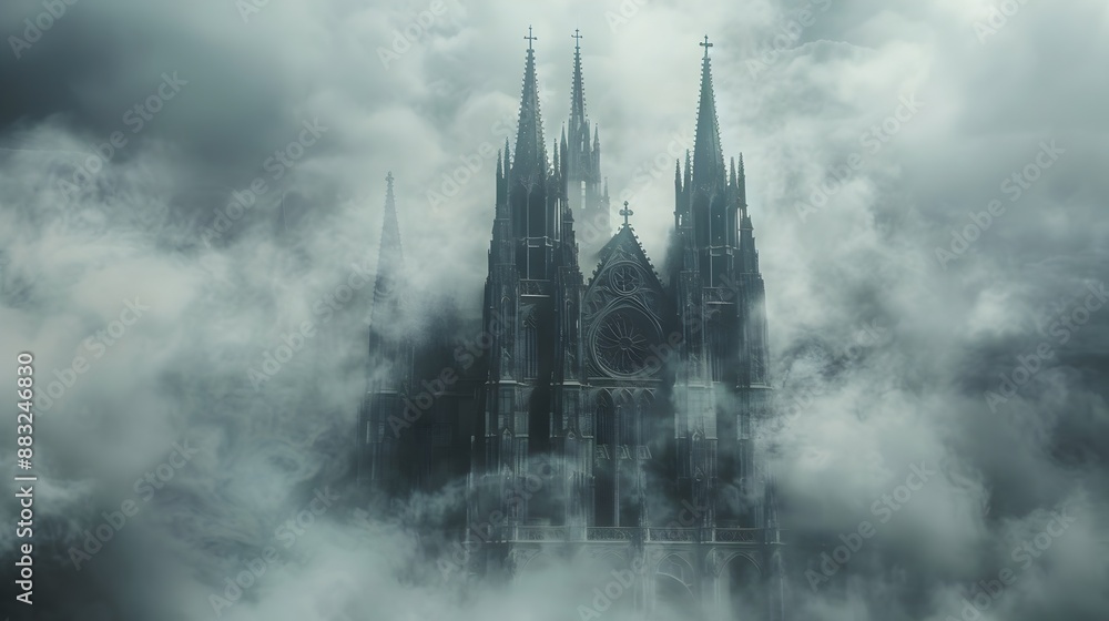 Dramatic Gothic Cathedral Shrouded in Ethereal White Smoke Dramatic Gothic Cathedral Shrouded in Ethereal White Smoke