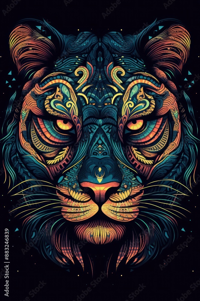 Colorful illustration of a majestic lions face with intricate patterns and vibrant colors Colorful illustration of a majestic lions face with intricate patterns and vibrant colors