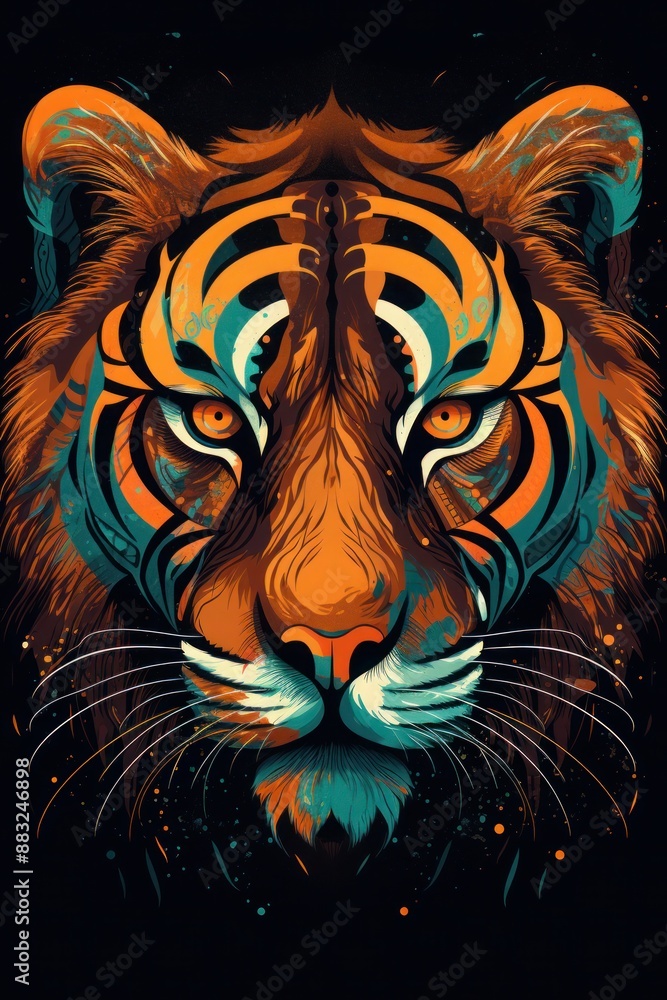 Colorful and abstract tiger face with intricate patterns and vibrant colors Colorful and abstract tiger face with intricate patterns and vibrant colors