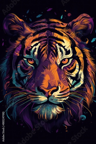 Colorful and Vibrant Digital Illustration of a Tigers Face with Intricate Patterns and Vivid Colors © ibhonk