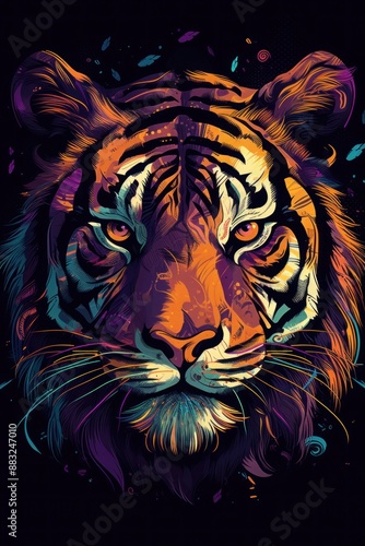 Colorful and Vibrant Digital Illustration of a Tigers Face with Intricate Patterns and Vivid Colors photo