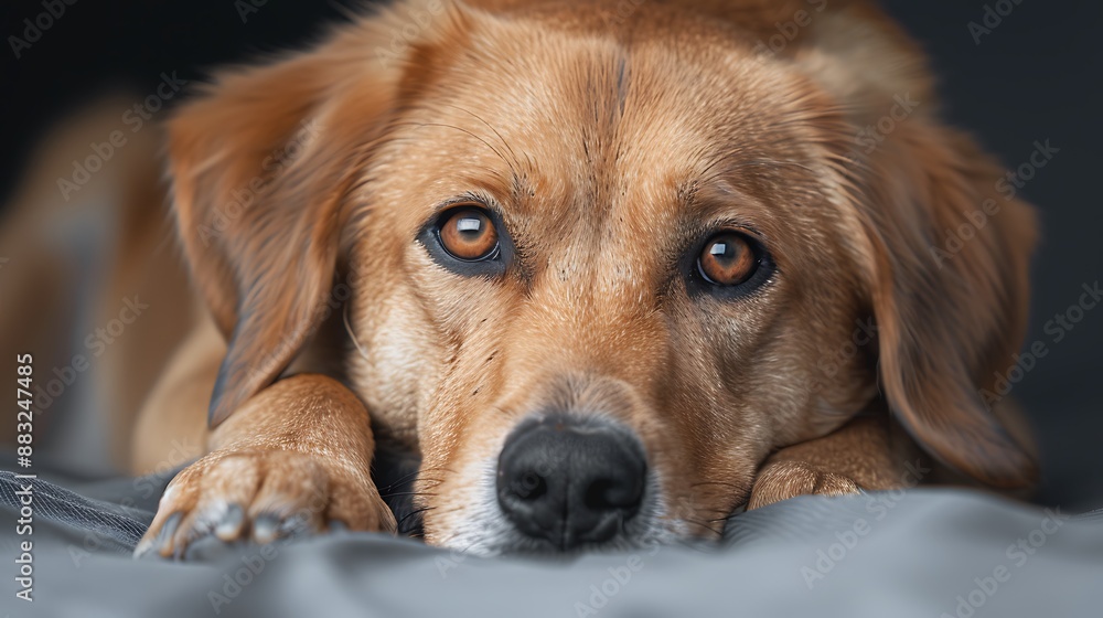 Close-up of a sad dog, downcast eyes, melancholic expression, soft focus Close-up of a sad dog, downcast eyes, melancholic expression, soft focus