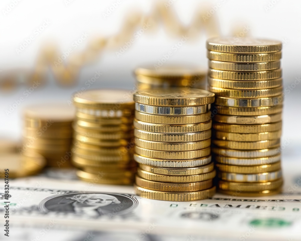 Front shot of stacked coins with rising graph, positive trend, business marketing, white background Front shot of stacked coins with rising graph, positive trend, business marketing, white background