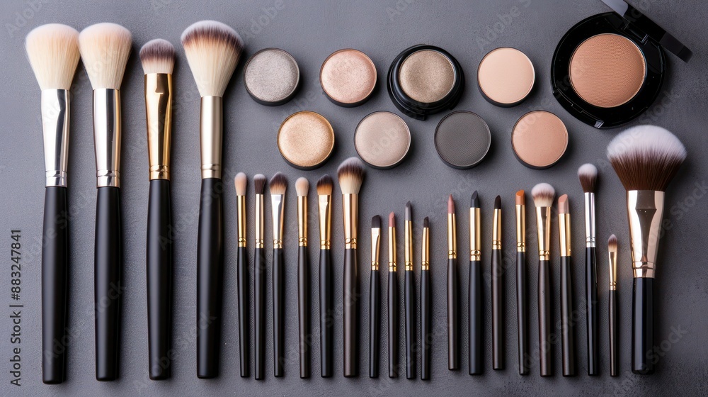 Professional cosmetic brushes, shadows, lipsticks and sponges on a gray table. Professional cosmetic brushes, shadows, lipsticks and sponges on a gray table.