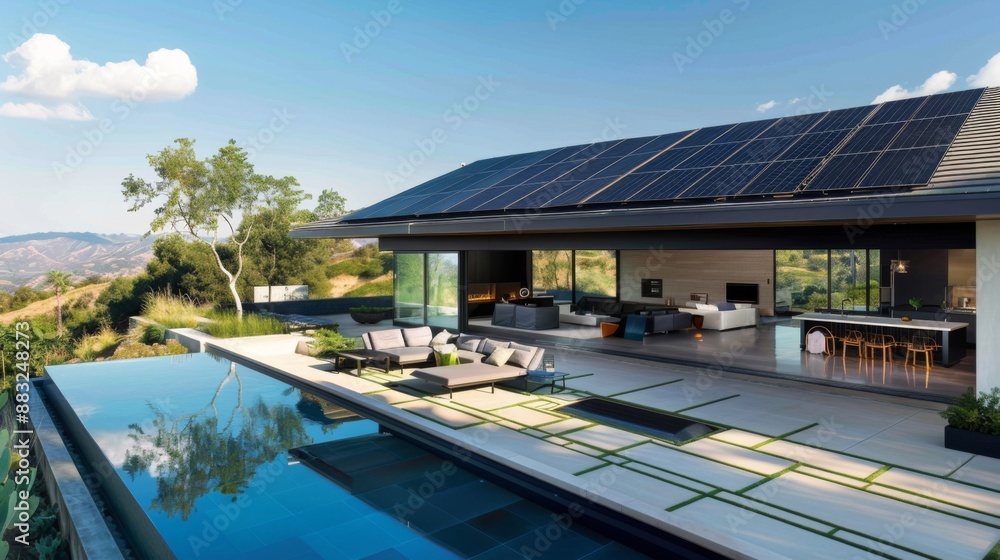 Fototapeta premium Solar panels on the roof of a beautiful modern home. Renewable energy for the home concept