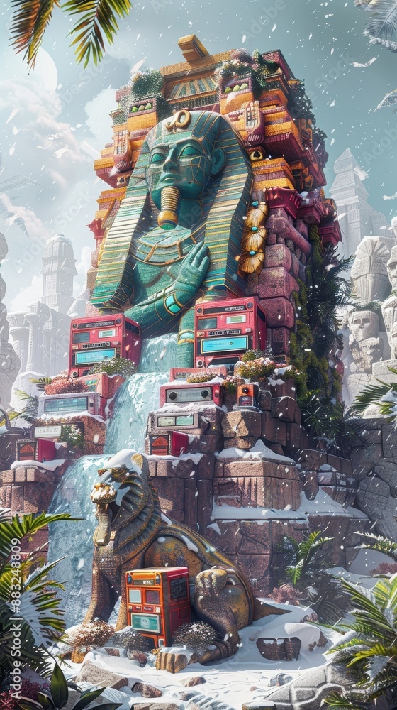 Obraz premium Ancient Egyptian Sphinx and colossal statue with waterfall surrounded by vibrant plants and mythical architecture.