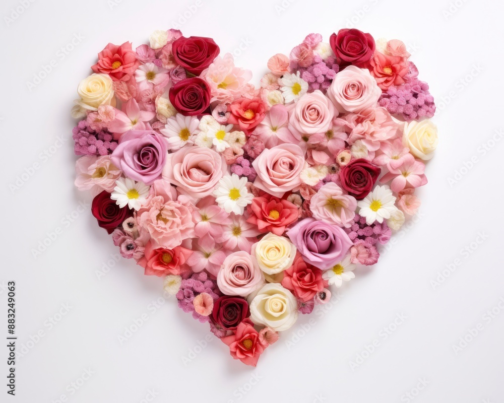 Heart shape made of colorful flowers on white background, top view. Heart shape made of colorful flowers on white background, top view.